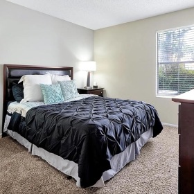 a bedroom with a bed and lamps